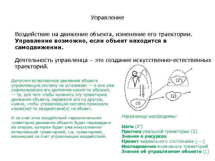 Управление Воздействие на движение объекта, изменение его траектории. Управление возможно, если объект находится в