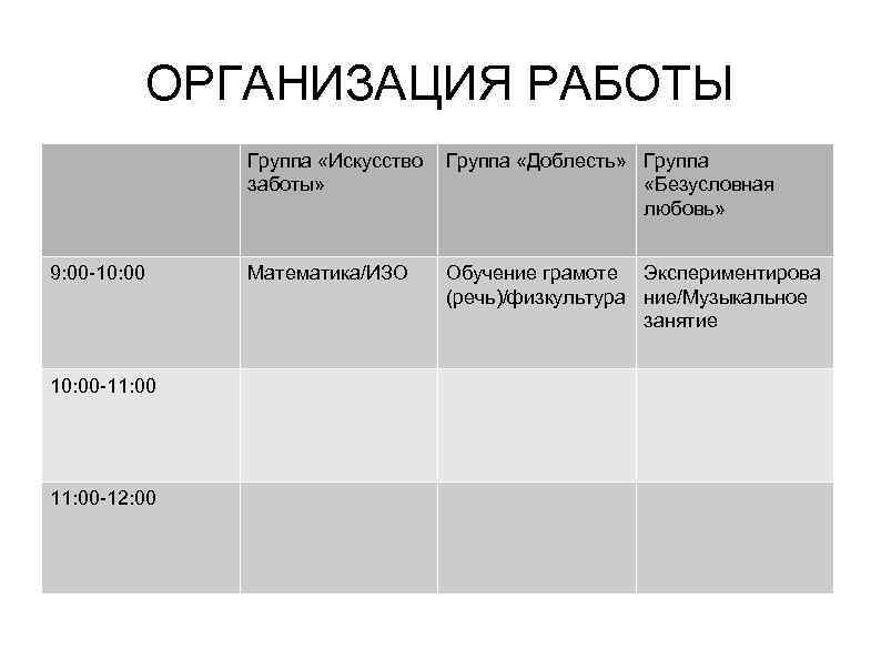 ОРГАНИЗАЦИЯ РАБОТЫ Группа «Искусство заботы» 9: 00 -10: 00 -11: 00 -12: 00 Группа
