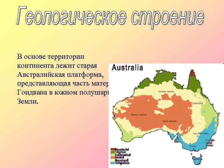 В основе территории континента лежит старая Австралийская платформа, представляющая часть материка Гондвана в южном