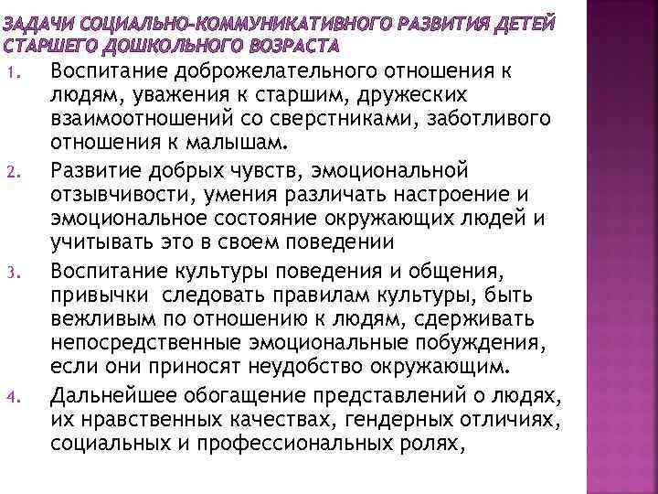 ЗАДАЧИ СОЦИАЛЬНО-КОММУНИКАТИВНОГО РАЗВИТИЯ ДЕТЕЙ СТАРШЕГО ДОШКОЛЬНОГО ВОЗРАСТА 1. 2. 3. 4. Воспитание доброжелательного отношения
