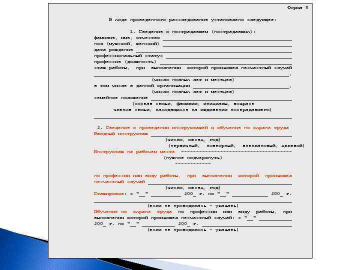 Форма 5 В ходе проведенного расследования установлено следующее: 1. Сведения о пострадавшем (пострадавших): фамилия,