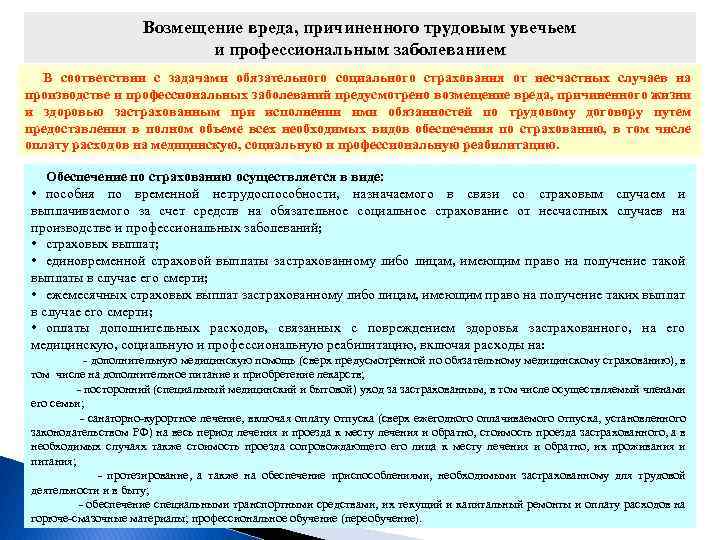 Возмещение вреда, причиненного трудовым увечьем и профессиональным заболеванием В соответствии с задачами обязательного социального