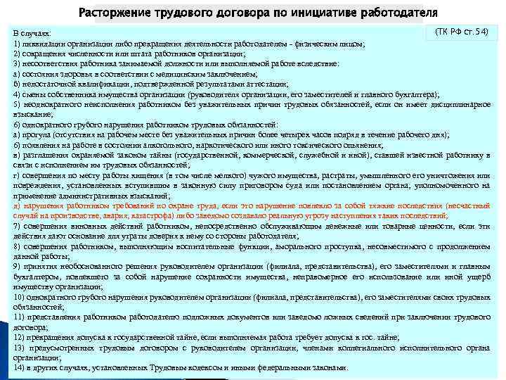 Расторжение трудового договора по инициативе работодателя (ТК РФ ст. 54) В случаях: 1) ликвидации