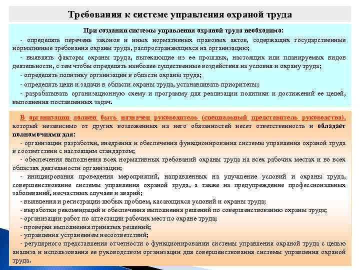 Требования к системе управления охраной труда При создании системы управления охраной труда необходимо: определять