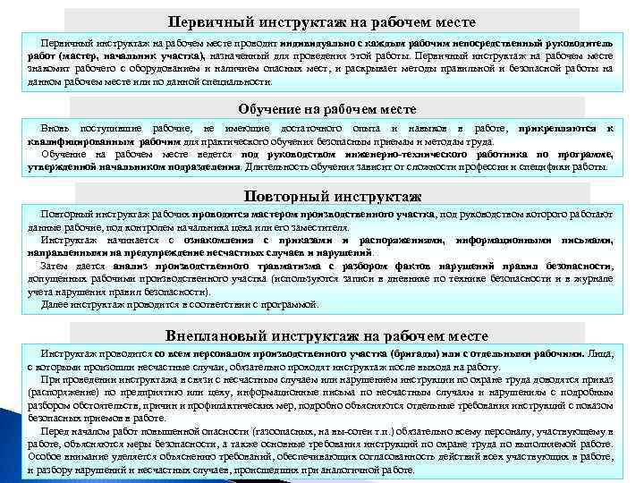 Первичный инструктаж на рабочем месте проводит индивидуально с каждым рабочим непосредственный руководитель работ (мастер,