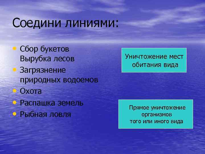 Соедини линиями: • Сбор букетов • • Вырубка лесов Загрязнение природных водоемов Охота Распашка