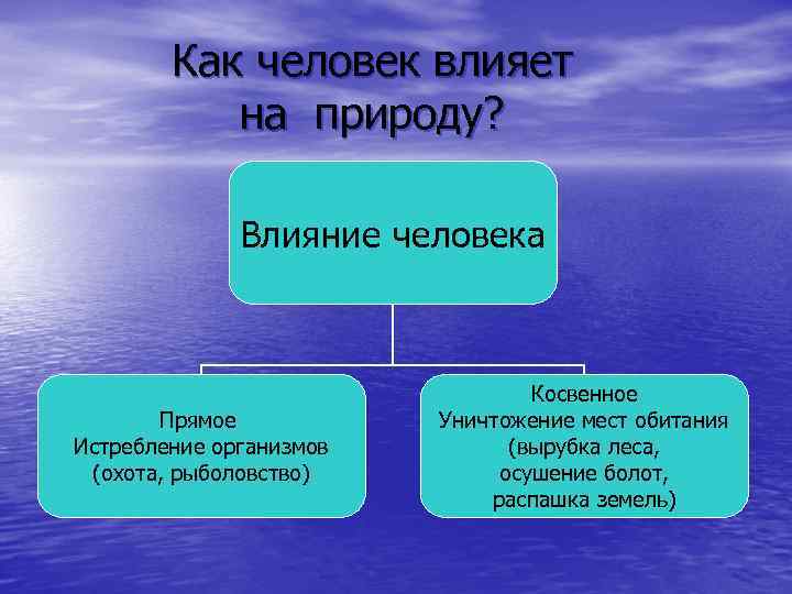 Как человек влияет на природу? Влияние человека Прямое Истребление организмов (охота, рыболовство) Косвенное Уничтожение