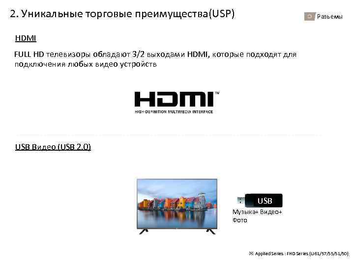 2. Уникальные торговые преимущества(USP) Разьемы HDMI FULL HD телевизоры обладают 3/2 выходами HDMI, которые