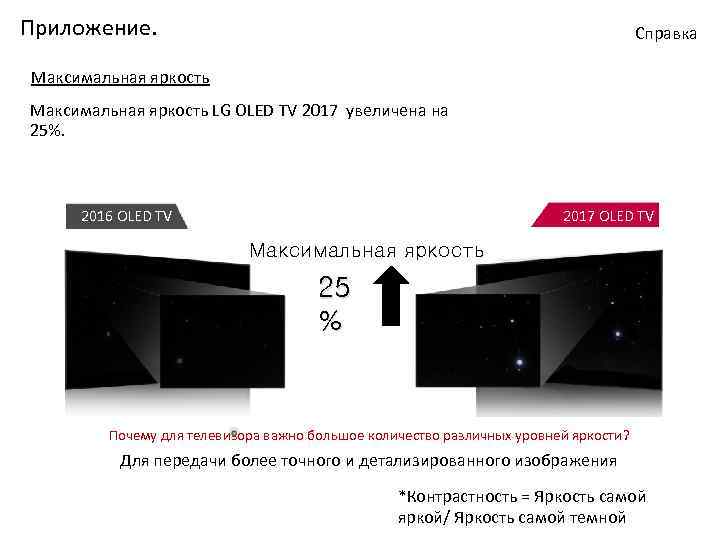 Приложение. Справка Максимальная яркость LG OLED TV 2017 увеличена на 25%. 2017 OLED TV