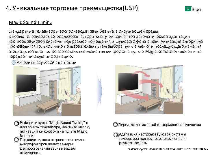 4. Уникальные торговые преимущества(USP) Звук Magic Sound Tuning Стандартные телевизоры воспроизводят звук без учёта