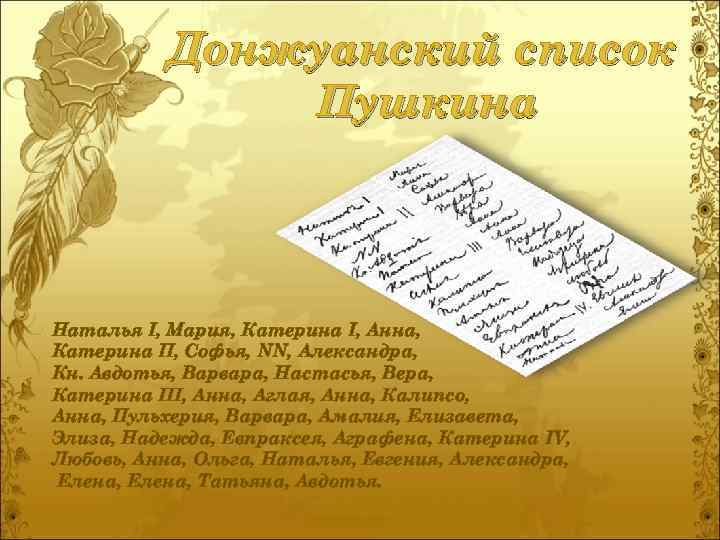 Донжуанский список Пушкина Наталья I, Мария, Катерина I, Анна, Катерина II, Софья, NN, Александра,