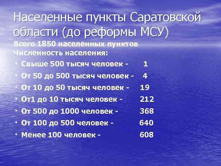 Населенные пункты Саратовской области (до реформы МСУ) Всего 1850 населенных пунктов Численность населения: ٠