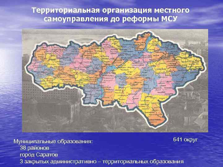 Территориальная организация местного самоуправления до реформы МСУ 641 округ Муниципальные образования: 38 районов город