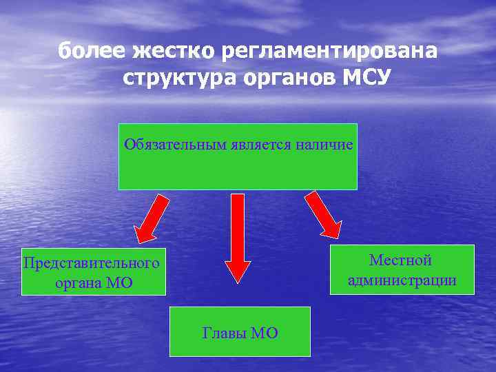 более жестко регламентирована структура органов МСУ Обязательным является наличие Местной администрации Представительного органа МО