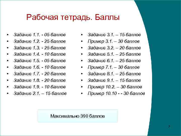 Рабочая тетрадь. Баллы • • • Задание 1. 1. - 05 баллов Задание 1.