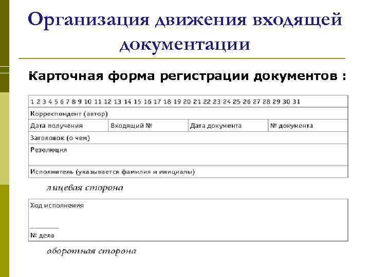 Организация движения входящей документации Карточная форма регистрации документов : 