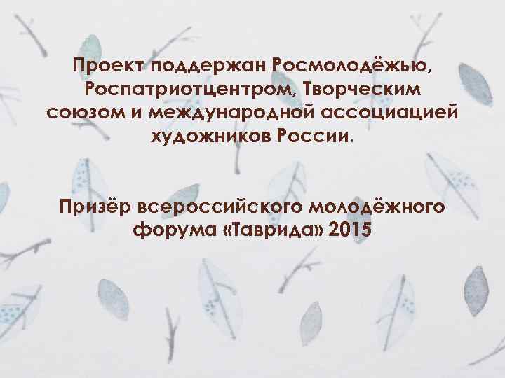 Проект поддержан Росмолодёжью, Роспатриотцентром, Творческим союзом и международной ассоциацией художников России. Призёр всероссийского молодёжного