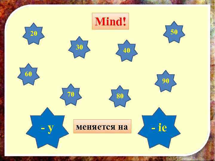 Mind! 50 20 30 40 60 90 70 -y 80 меняется на - ie