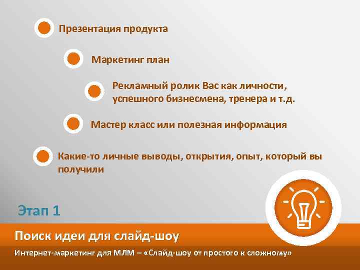 Презентация продукта Маркетинг план Рекламный ролик Вас как личности, успешного бизнесмена, тренера и т.