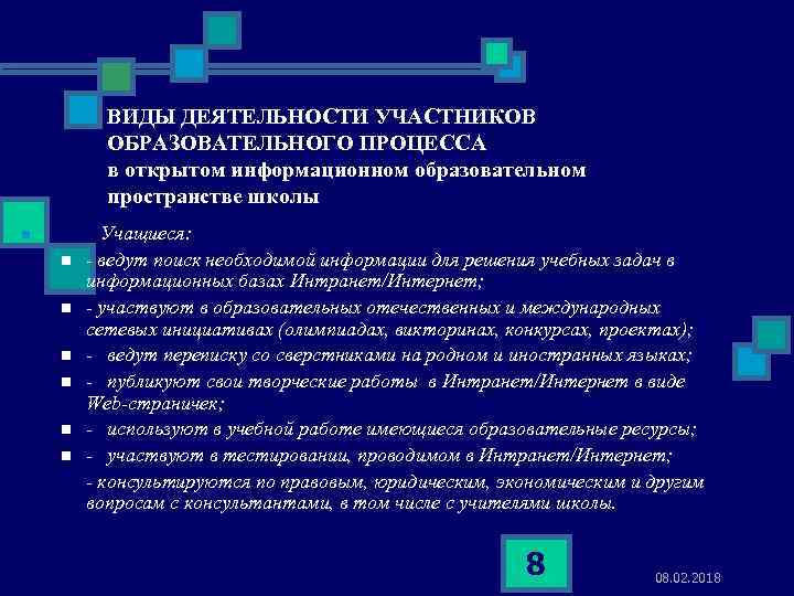 ВИДЫ ДЕЯТЕЛЬНОСТИ УЧАСТНИКОВ ОБРАЗОВАТЕЛЬНОГО ПРОЦЕССА в открытом информационном образовательном пространстве школы n n n
