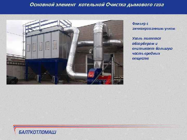 Основной элемент котельной Очистка дымового газа Фильтр с активированным углем Уголь является абсорбером и