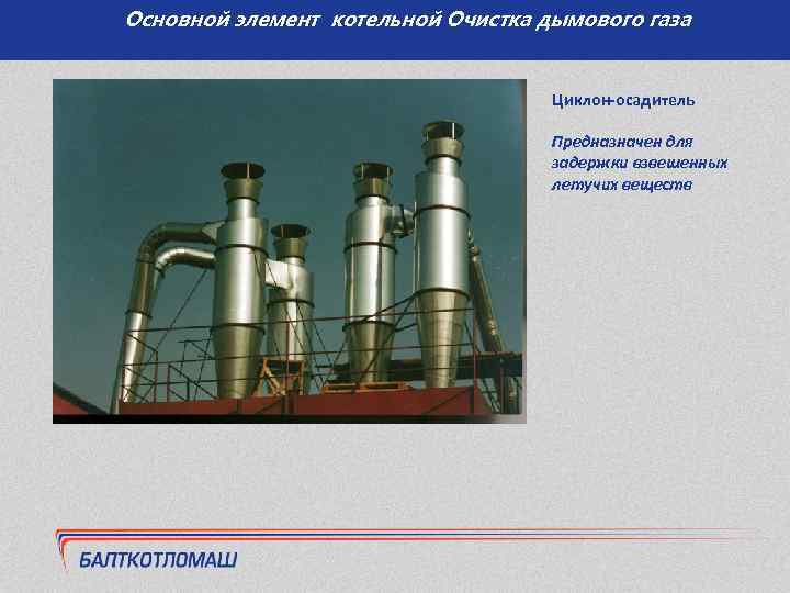 Основной элемент котельной Очистка дымового газа Циклон-осадитель Предназначен для задержки взвешенных летучих веществ 