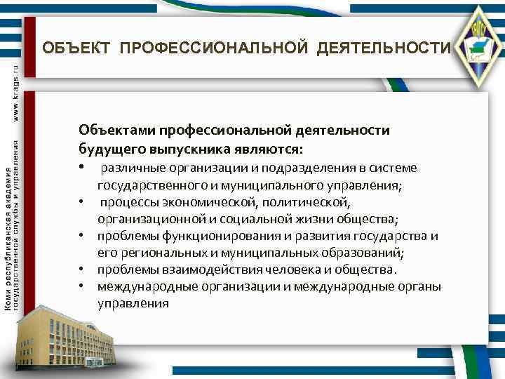 ОБЪЕКТ ПРОФЕССИОНАЛЬНОЙ ДЕЯТЕЛЬНОСТИ Объектами профессиональной деятельности будущего выпускника являются: • различные организации и подразделения