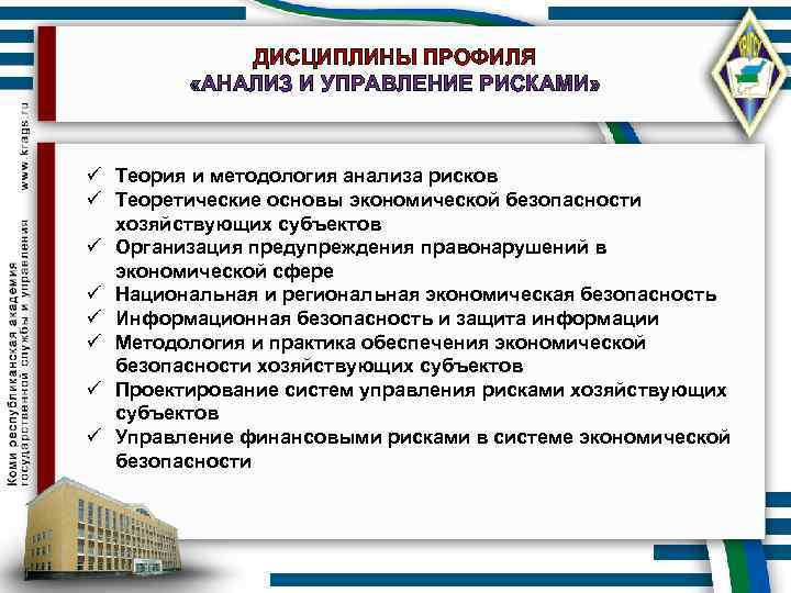 ДИСЦИПЛИНЫ ПРОФИЛЯ «АНАЛИЗ И УПРАВЛЕНИЕ РИСКАМИ» ü Теория и методология анализа рисков ü Теоретические