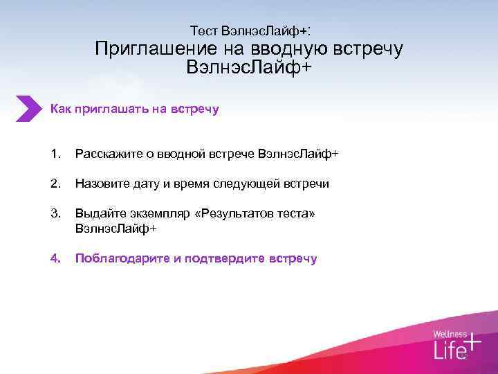 Тест Вэлнэс. Лайф+: Приглашение на вводную встречу Вэлнэс. Лайф+ Как приглашать на встречу 1.