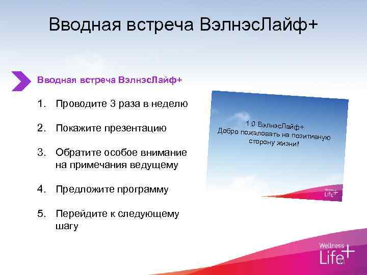 Вводная встреча Вэлнэс. Лайф+ 1. Проводите 3 раза в неделю 2. Покажите презентацию 3.