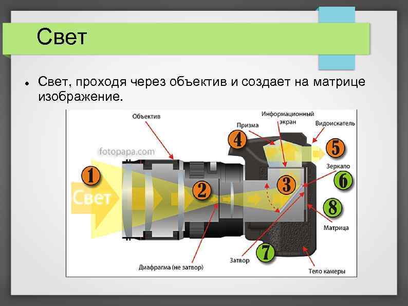 Свет Свет, проходя через объектив и создает на матрице изображение. 