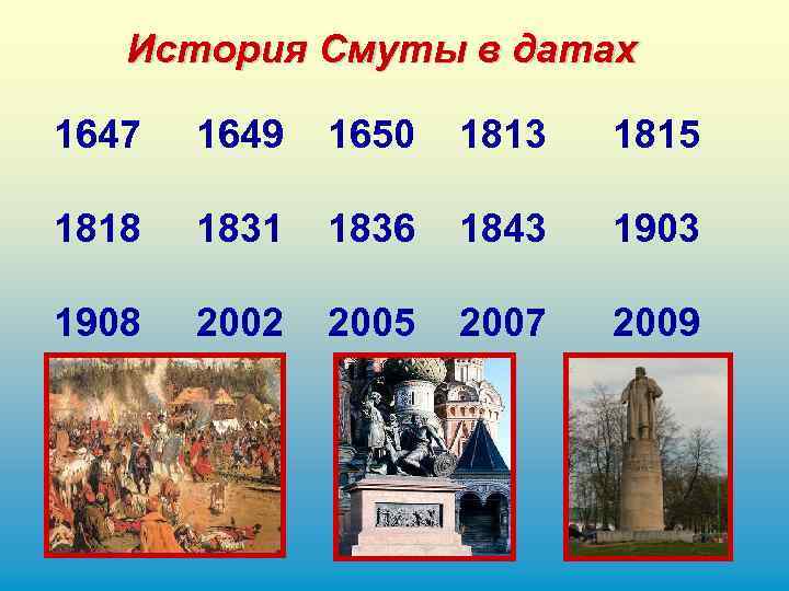 История Смуты в датах 1647 1649 1650 1813 1815 1818 1831 1836 1843 1908