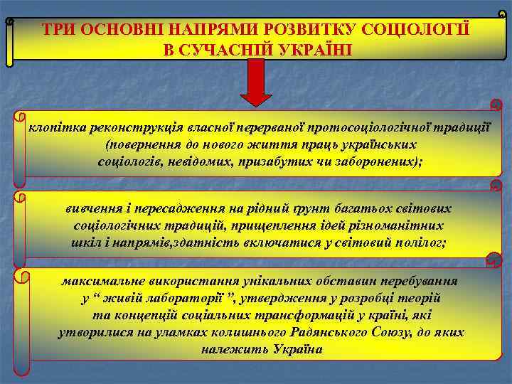 ТРИ ОСНОВНІ НАПРЯМИ РОЗВИТКУ СОЦІОЛОГІЇ В СУЧАСНІЙ УКРАЇНІ клопітка реконструкція власної перерваної протосоціологічної традиції