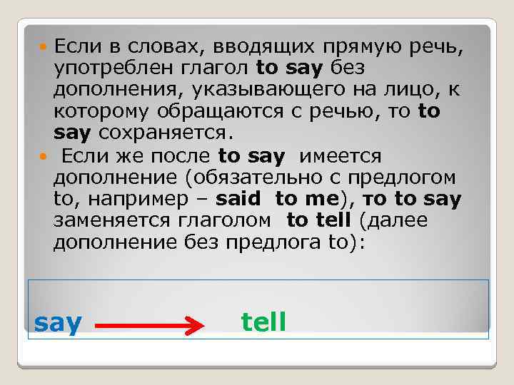 Если в словах, вводящих прямую речь, употреблен глагол to say без дополнения, указывающего на