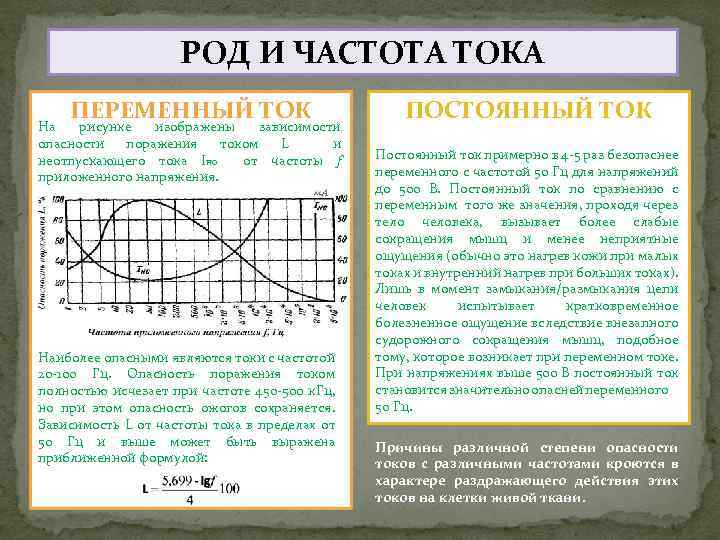 РОД И ЧАСТОТА ТОКА ПЕРЕМЕННЫЙ ТОК На рисунке изображены зависимости опасности поражения током L