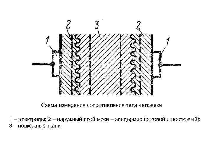 Схема измерения сопротивления тела человека 1 – электроды; 2 – наружный слой кожи –