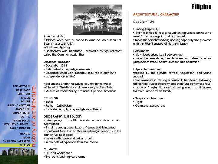 Filipino ARCHITECTURAL CHARACTER DESCRIPTION American Rule: • Islands were sold or ceded to America,