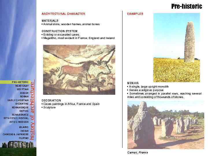 Pre-historic ARCHITECTURAL CHARACTER EXAMPLES MATERIALS • Animal skins, wooden frames, animal bones PRE-HISTORIC NEAR