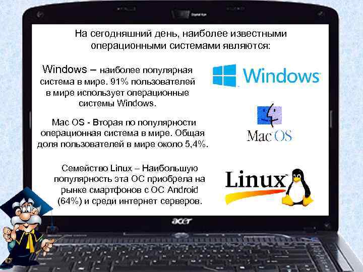 На сегодняшний день, наиболее известными операционными системами являются: Windows – наиболее популярная система в