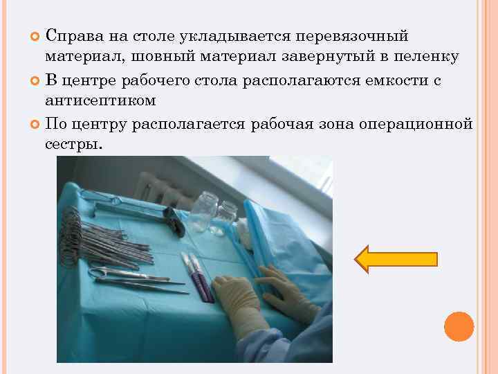 Справа на столе укладывается перевязочный материал, шовный материал завернутый в пеленку В центре рабочего