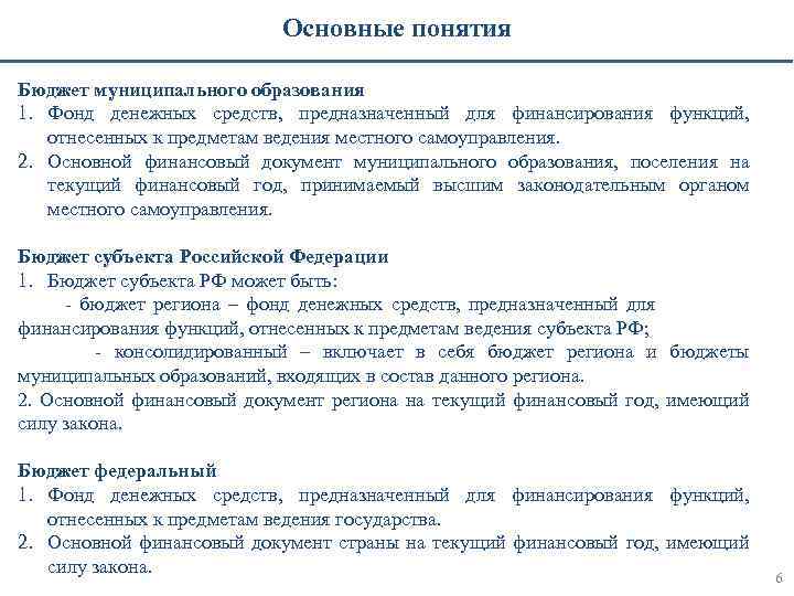 Основные понятия Бюджет муниципального образования 1. Фонд денежных средств, предназначенный для финансирования функций, отнесенных