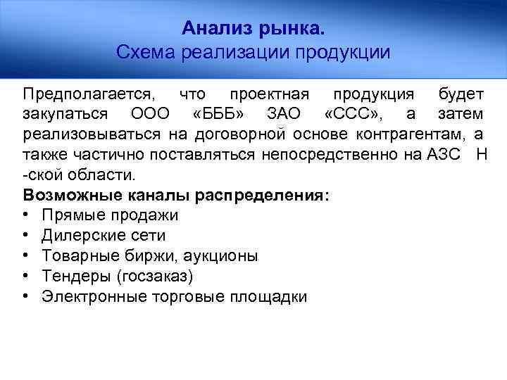 Анализ рынка. Схема реализации продукции Предполагается, что проектная продукция будет закупаться ООО «БББ» ЗАО
