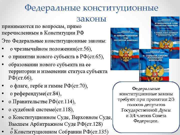 Федеральные конституционные законы принимаются по вопросам, прямо перечисленным в Конституции РФ Это Федеральные конституционные