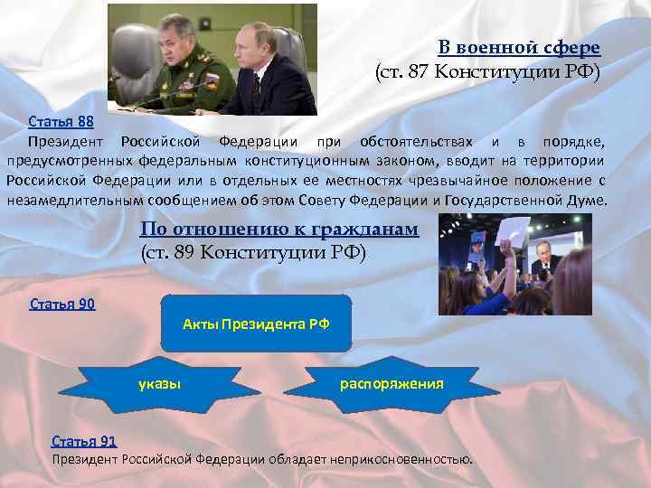 В военной сфере (ст. 87 Конституции РФ) Статья 88 Президент Российской Федерации при обстоятельствах