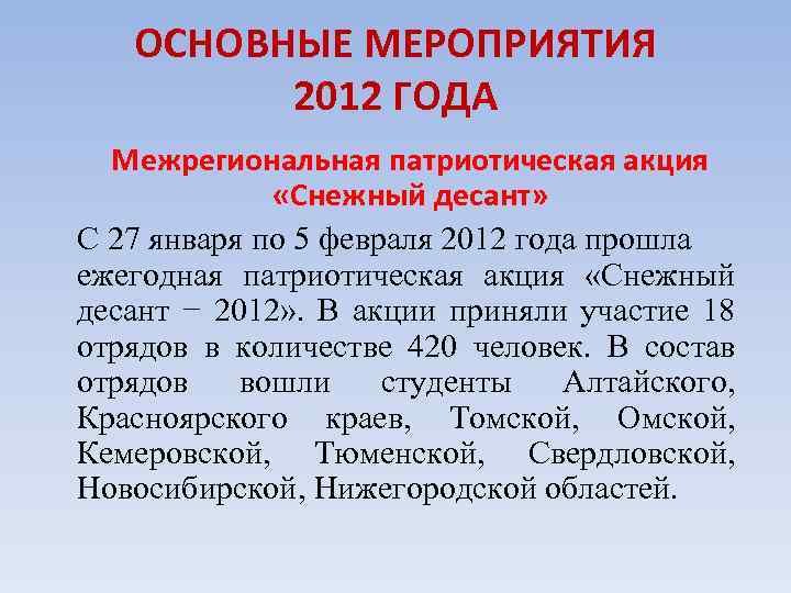 ОСНОВНЫЕ МЕРОПРИЯТИЯ 2012 ГОДА Межрегиональная патриотическая акция «Снежный десант» С 27 января по 5