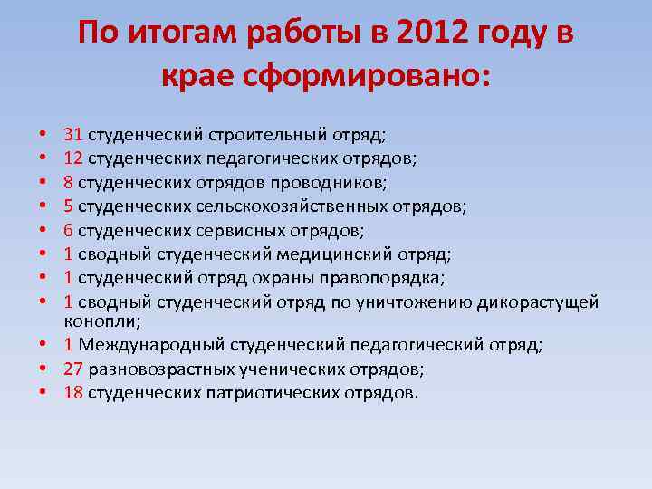 По итогам работы в 2012 году в крае сформировано: 31 студенческий строительный отряд; 12