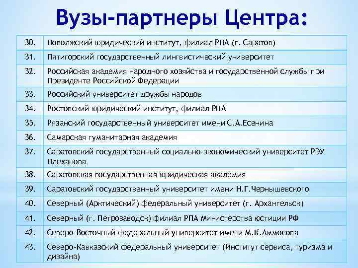 Вузы-партнеры Центра: 30. Поволжский юридический институт, филиал РПА (г. Саратов) 31. Пятигорский государственный лингвистический