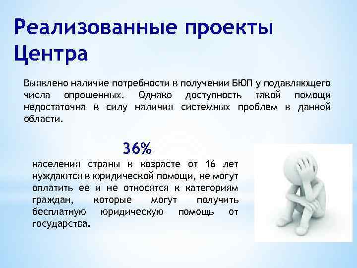Реализованные проекты Центра Выявлено наличие потребности в получении БЮП у подавляющего числа опрошенных. Однако