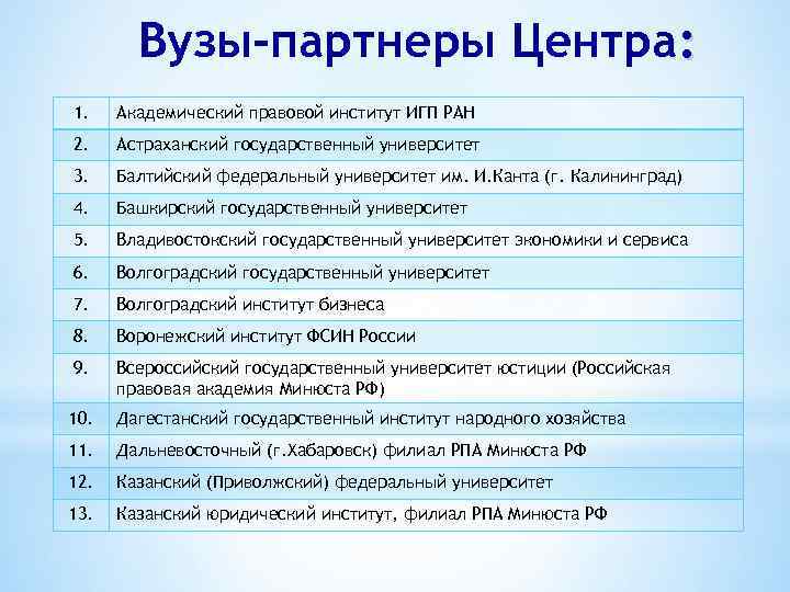 Вузы-партнеры Центра: 1. Академический правовой институт ИГП РАН 2. Астраханский государственный университет 3. Балтийский