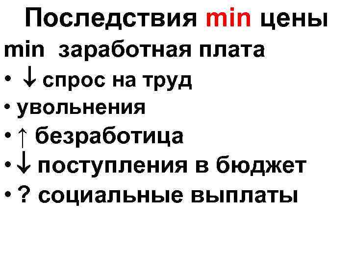 Последствия min цены min заработная плата • спрос на труд • увольнения • ↑